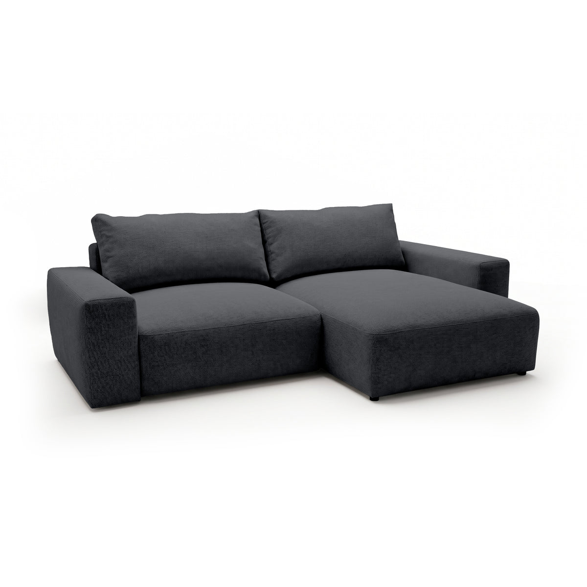 Canapé d'angle modulable Iskeli Cendre Foncé (ARAGON 93), version droite, vue de trois quarts – canapé d'angle avec pouf en tissu Aragon
