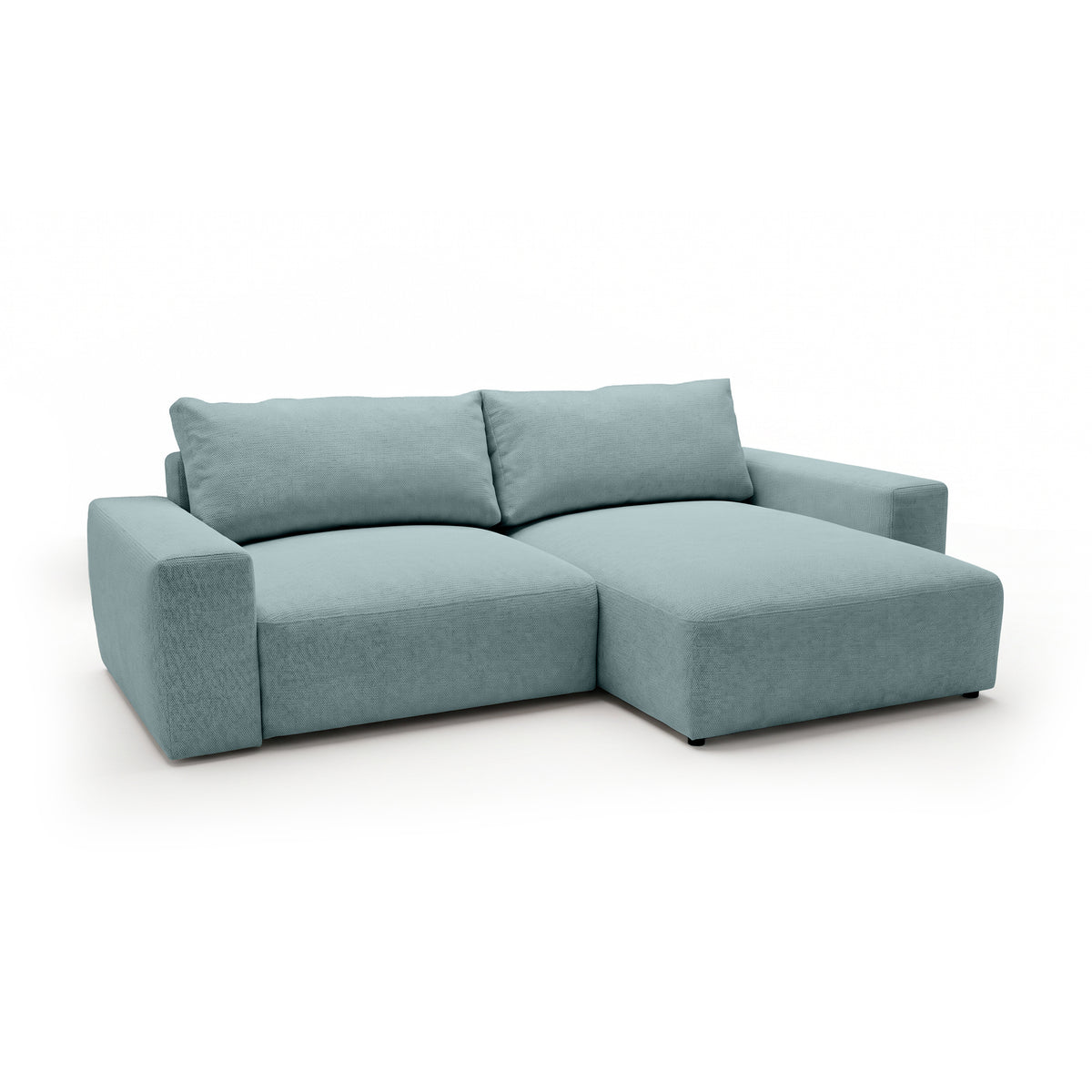 Canapé d'angle modulable Iskeli Lazur Glacé (ARAGON 70), version droite, vue de trois quarts – canapé d'angle avec pouf en tissu Aragon