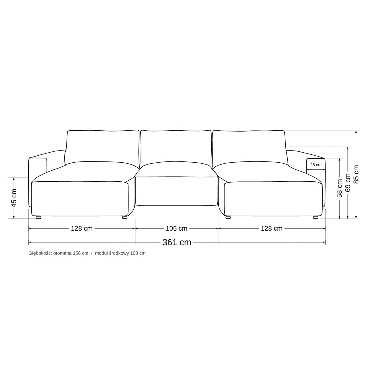 Canapé d'angle modulable U Iskeli – plan coté indiquant la largeur des ottomanes et du module central, la profondeur et les hauteurs