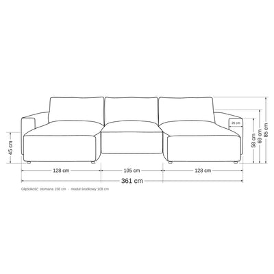 Canapé d'angle modulable U Iskeli – plan coté indiquant la largeur des ottomanes et du module central, la profondeur et les hauteurs