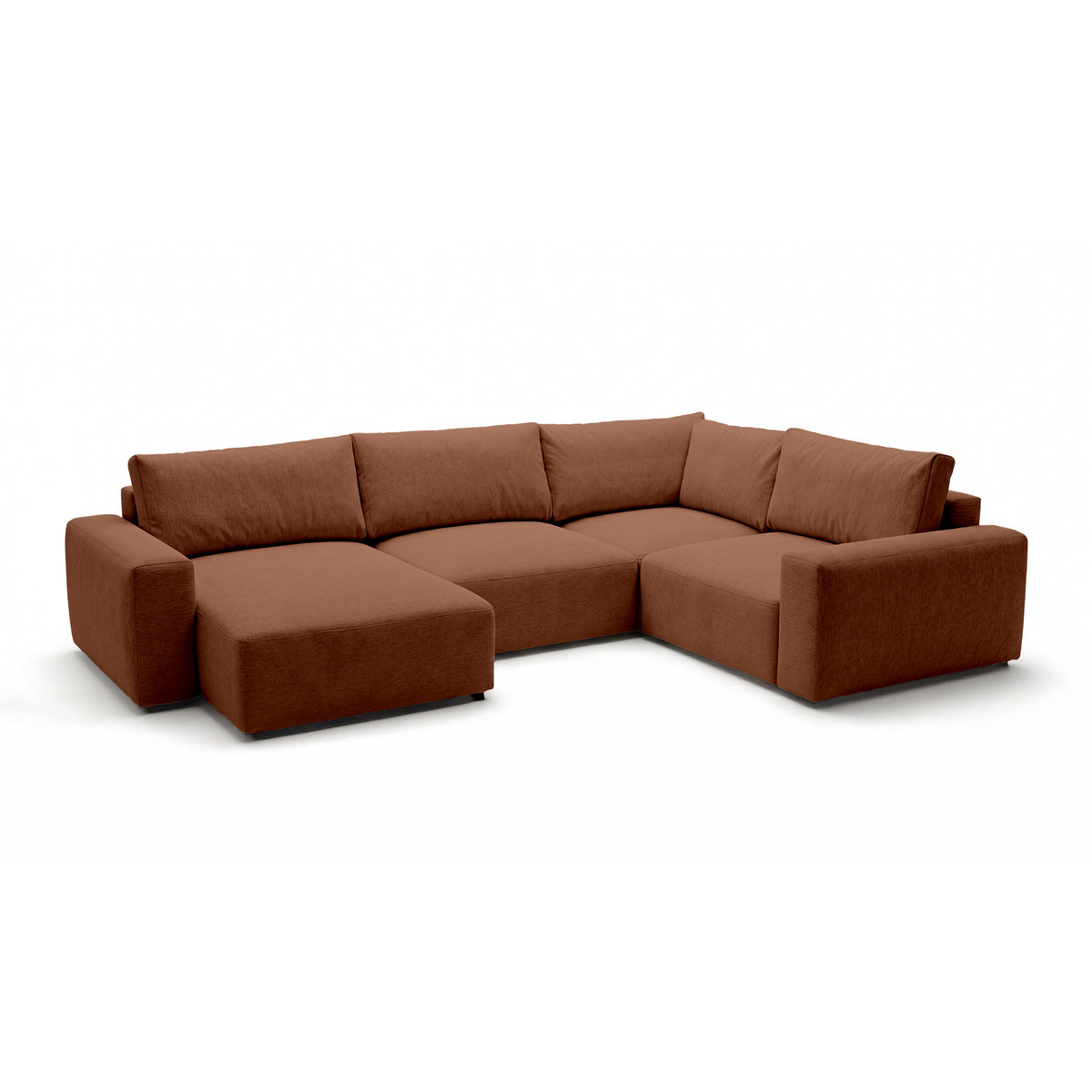 Canapé d'angle modulable UL Iskeli Plus 341 cm Cannelle Mat (ARAGON 56), version gauche, vue de trois quarts – grand canapé d'angle en tissu Aragon