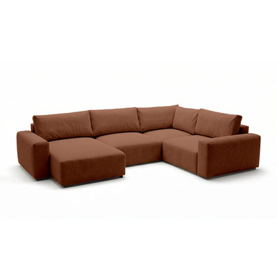 Canapé d'angle modulable UL Iskeli Plus 341 cm Cannelle Mat (ARAGON 56), version gauche, vue de trois quarts – grand canapé d'angle en tissu Aragon