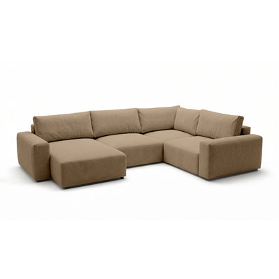 Canapé d’angle modulable UL Iskeli Plus 341 cm Beige noisette (ARAGON 14) gauche de biais – grand canapé en tissu Aragon