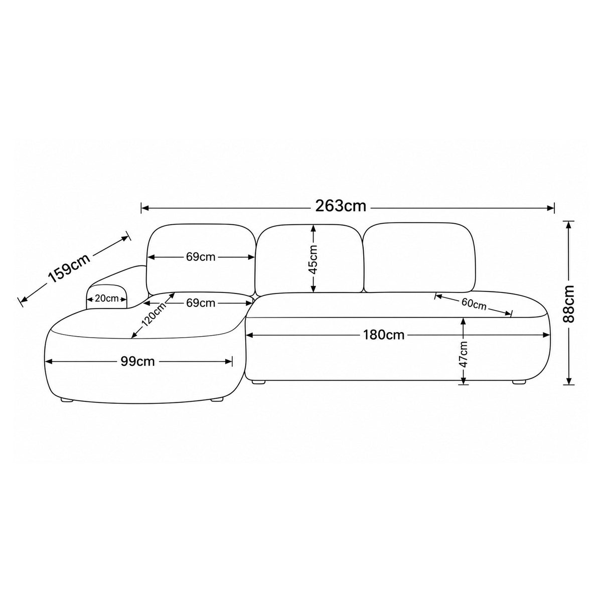 Canapé d'angle Moluni 263 cm – plan coté avec la largeur, la hauteur, la profondeur ainsi que les dimensions de la chaise longue et de l'assise