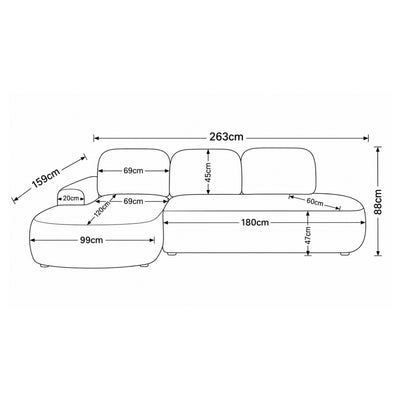 Canapé d'angle Moluni 263 cm – plan coté avec la largeur, la hauteur, la profondeur ainsi que les dimensions de la chaise longue et de l'assise