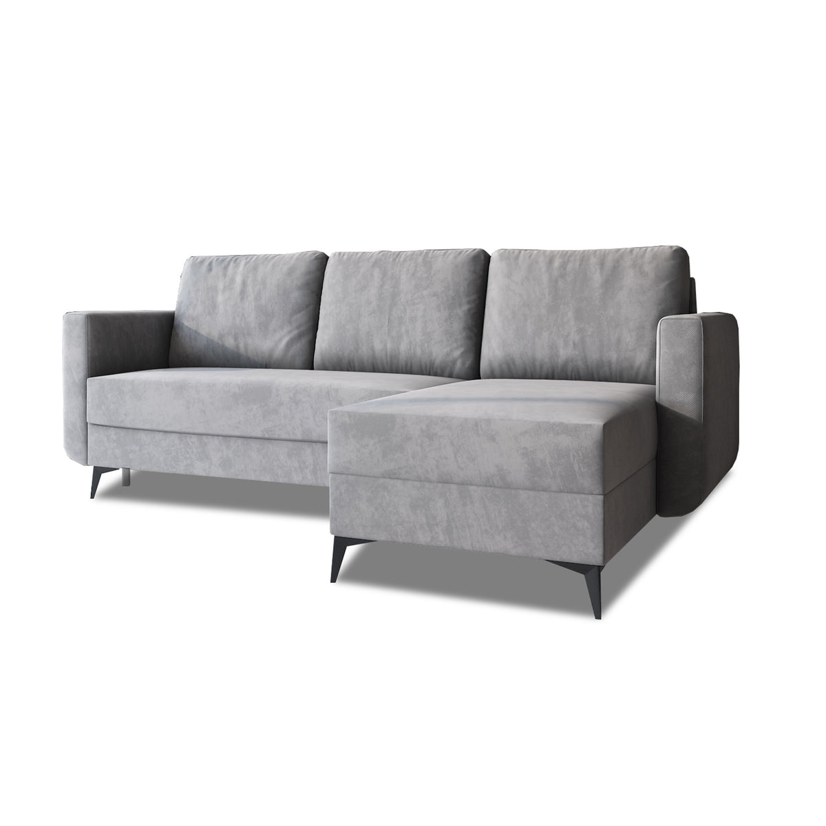 Canapé d'angle convertible Forra 235 cm Gris Acier (MANILA 16), version droite, coffre de rangement pour la literie