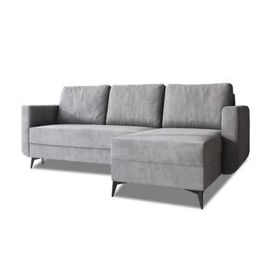 Canapé d'angle convertible Forra 235 cm Gris Acier (MANILA 16), version droite, coffre de rangement pour la literie