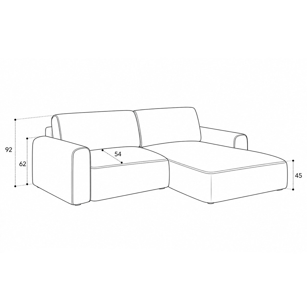 Canapé d’angle Saniri – schéma des dimensions avec hauteur du dossier, de l’accoudoir et de l’assise