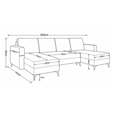 Plan coté du canapé d'angle en U Forra : largeur 303 cm, profondeur 145 cm, hauteur 94 cm, chaises longues 67 cm