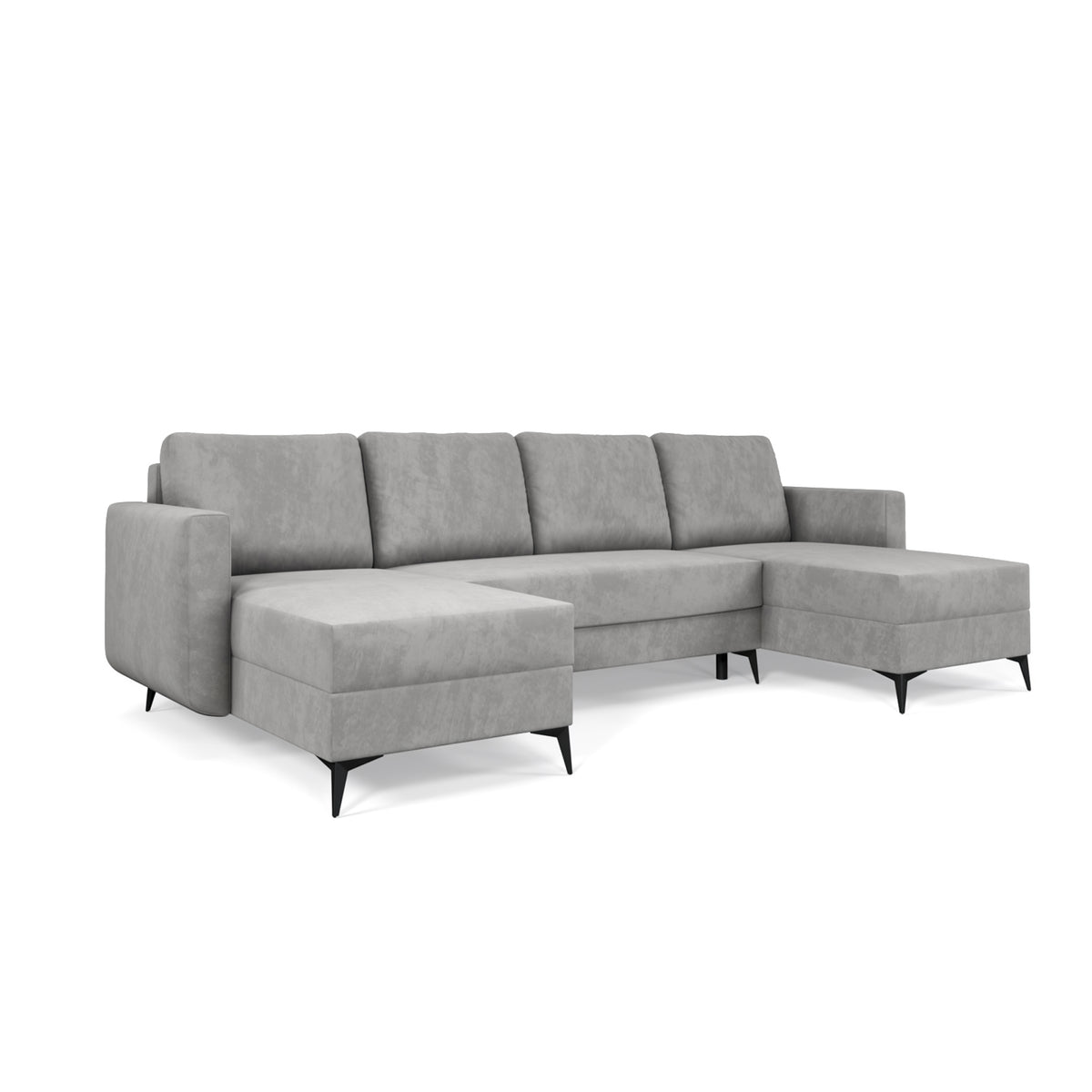 Canapé d'angle en U avec fonction couchage Forra 303 cm Gris Acier (MANILA 16), deux chaises longues et pieds métalliques noirs