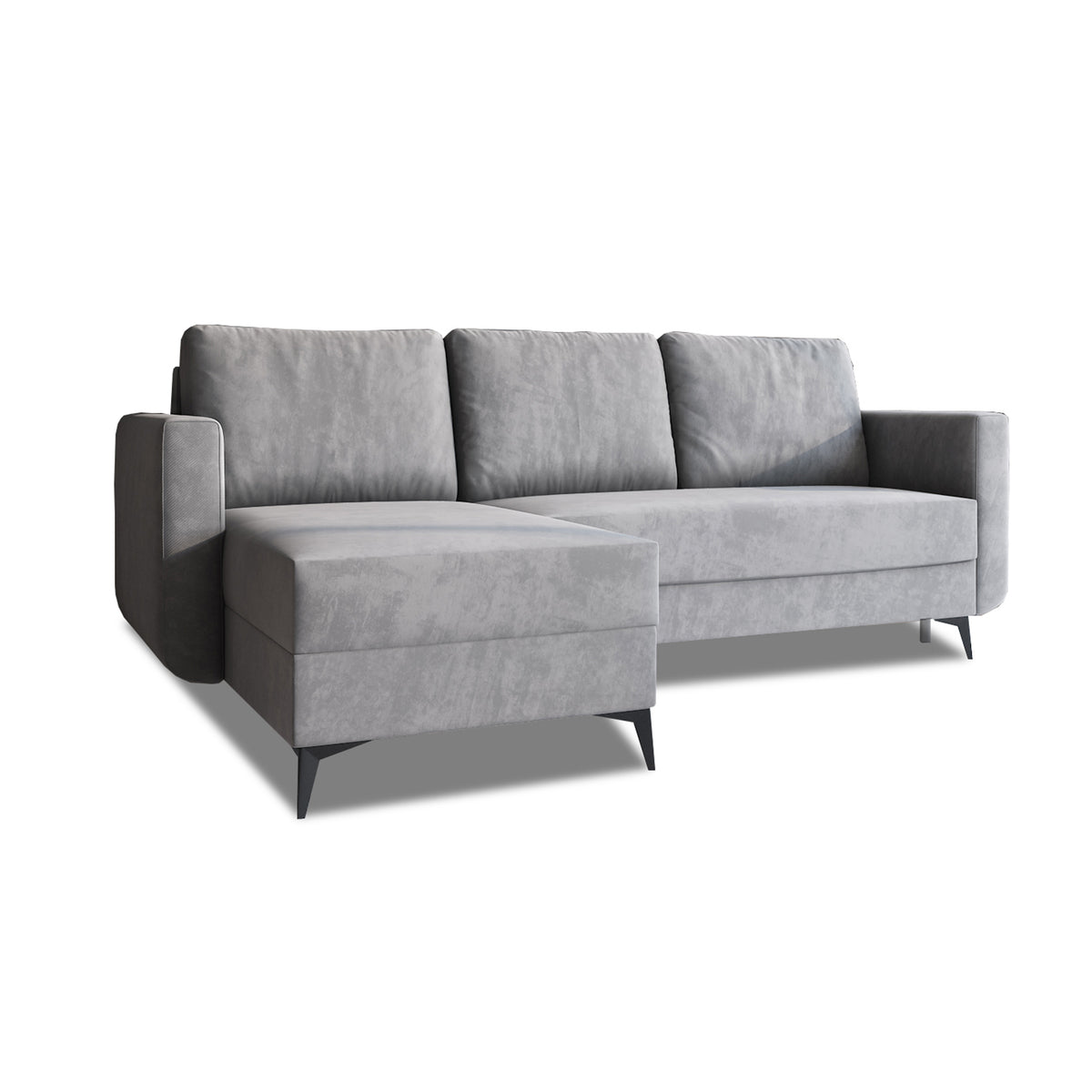 Canapé d'angle avec fonction couchage Forra 235 cm Gris Acier (MANILA 16), chaise longue à gauche, velours et pieds métalliques noirs