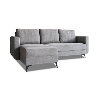 Canapé d'angle avec fonction couchage Forra 235 cm Gris Acier (MANILA 16), chaise longue à gauche, velours et pieds métalliques noirs
