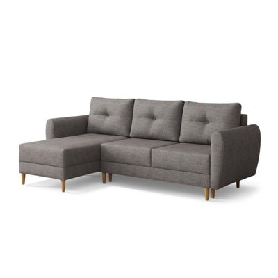 Canapé d'angle convertible Harmi 235 cm Brume Argentée (SAWANA 05), version gauche, coussins matelassés et pieds en bois