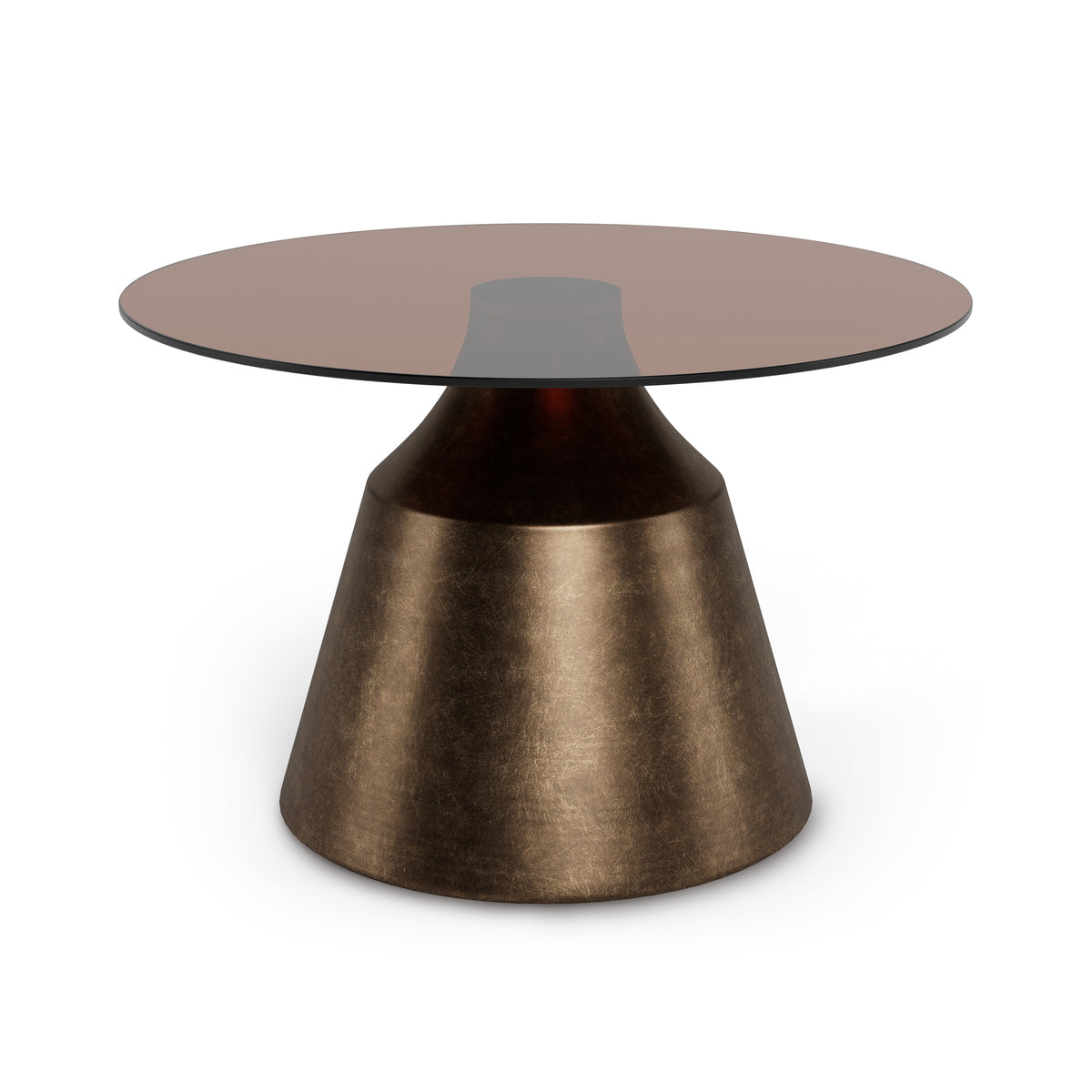 Table basse ronde Fumor GOLD 70x42 – plateau en verre brun sur colonne couleur bronze, vue de trois quarts