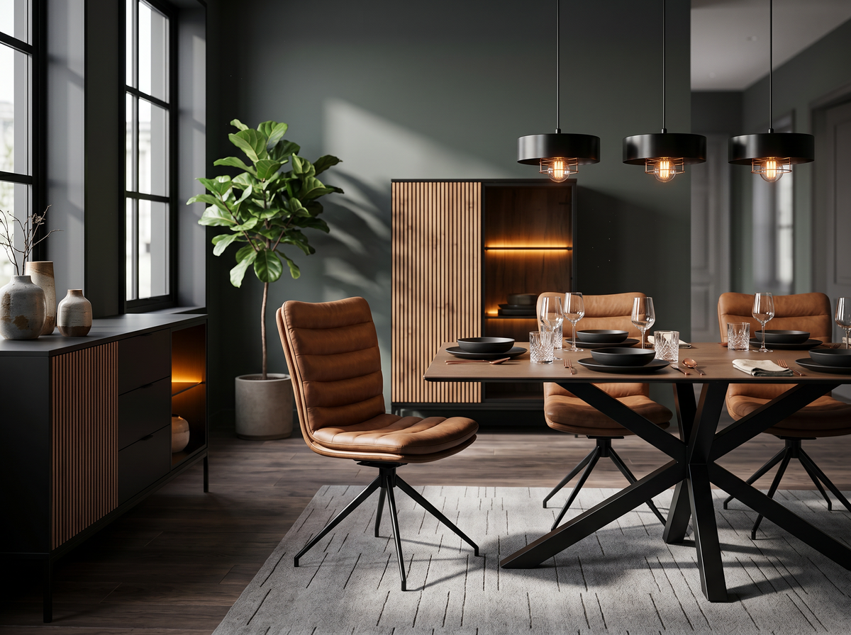 Modern dining room with an Oryss table, Ondris swivel chairs, Loft Lampy sideboards and a Spirra pendant lamp