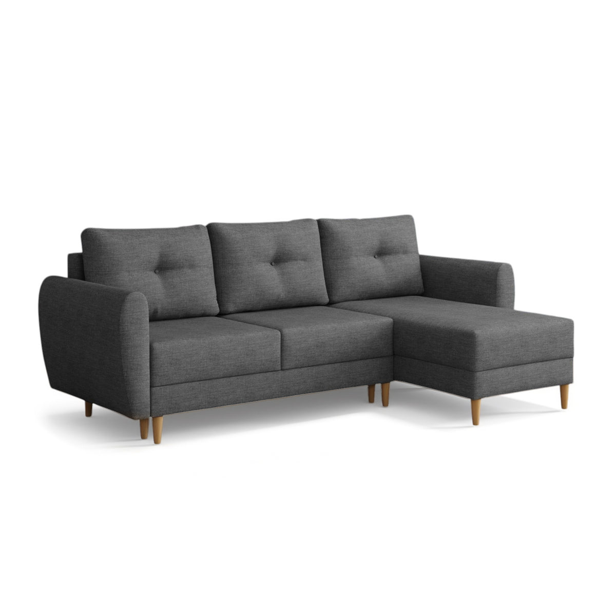 Canapé d'angle matelassé Harmi 235 cm Ardoise Encre (SAWANA 06), version droite, sur pieds en bois