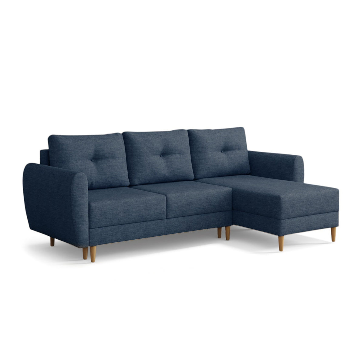 Canapé d'angle matelassé Harmi 235 cm Bleu Marine Orage (SAWANA 20), version droite, sur pieds en bois