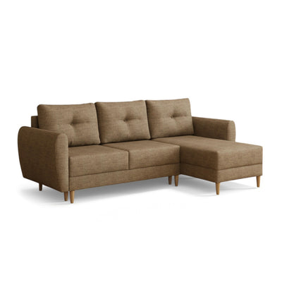 Canapé d'angle matelassé Harmi 235 cm Ardoise Café (SAWANA 03), version droite, sur pieds en bois