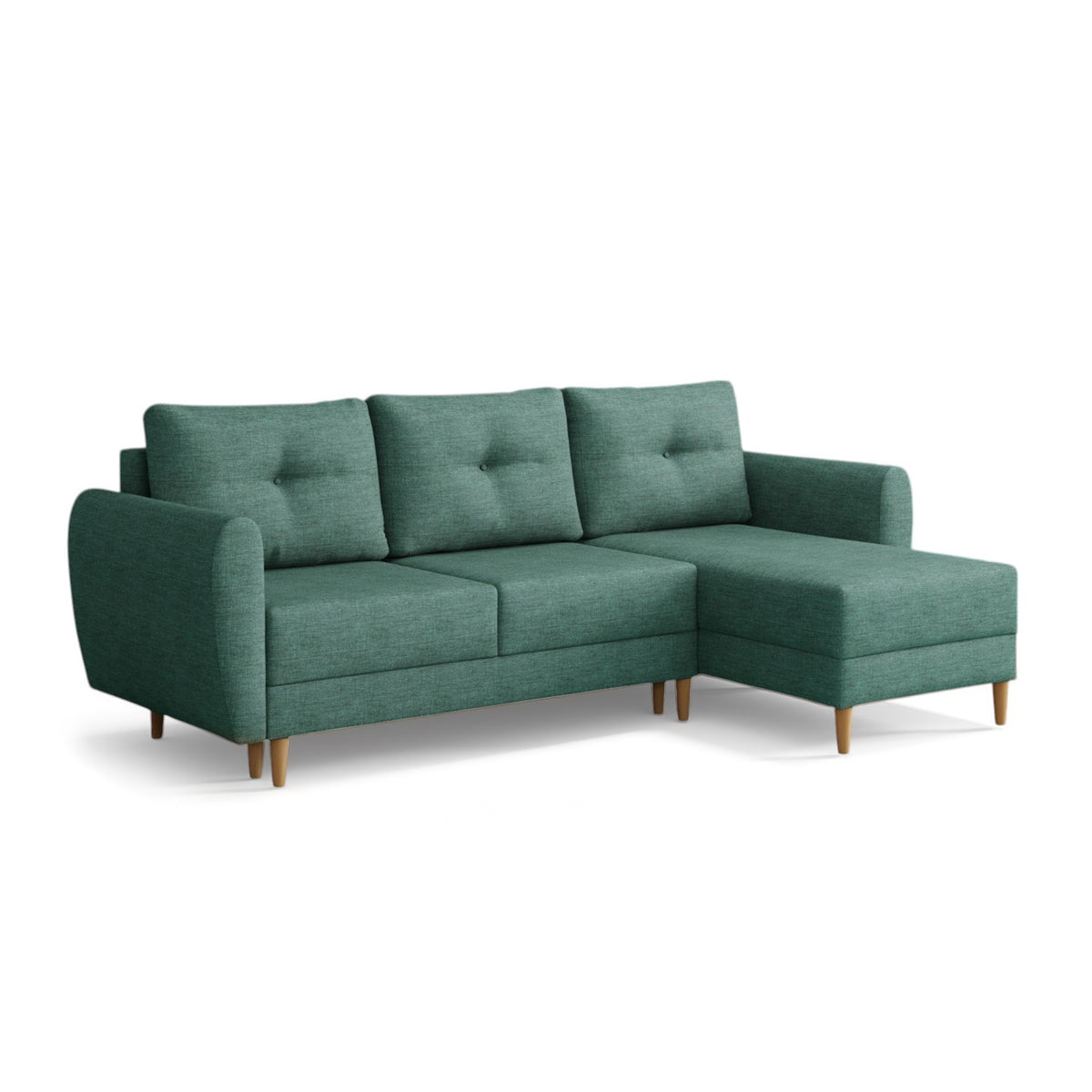 Canapé d'angle matelassé Harmi 235 cm Lazur Pétrole (SAWANA 30), version droite, sur pieds en bois