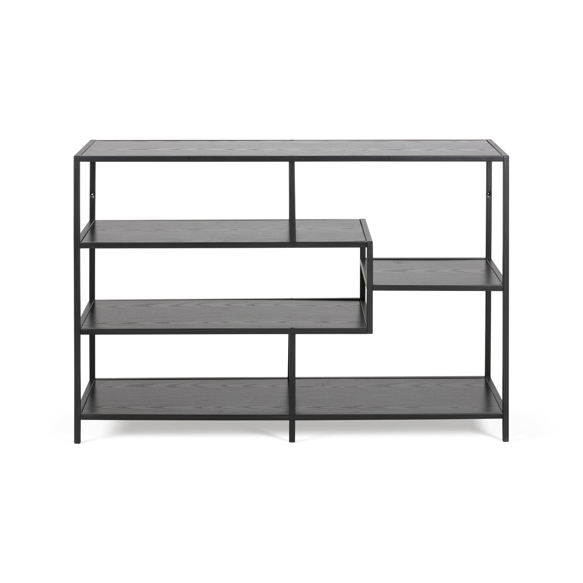 Étagère Skeleto 114 x 78, mélamine noire, vue de face – étagères couleur frêne noir sur un cadre noir