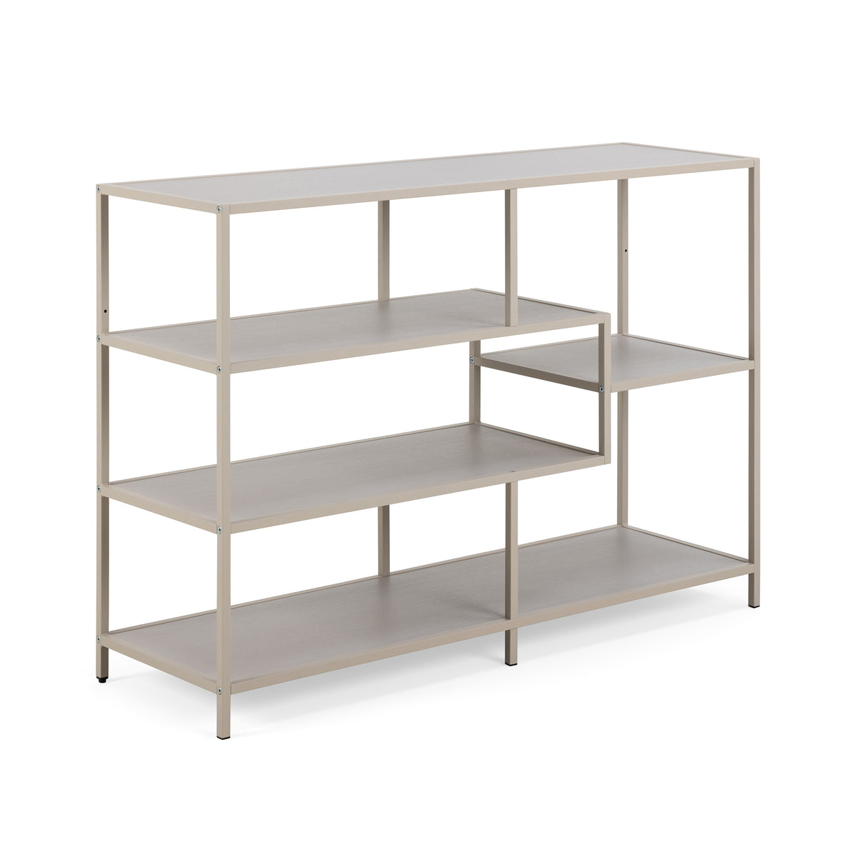 Étagère Skeleto 114 x 78, mélamine grise, vue de profil – étagère ouverte claire sur un cadre en acier gris