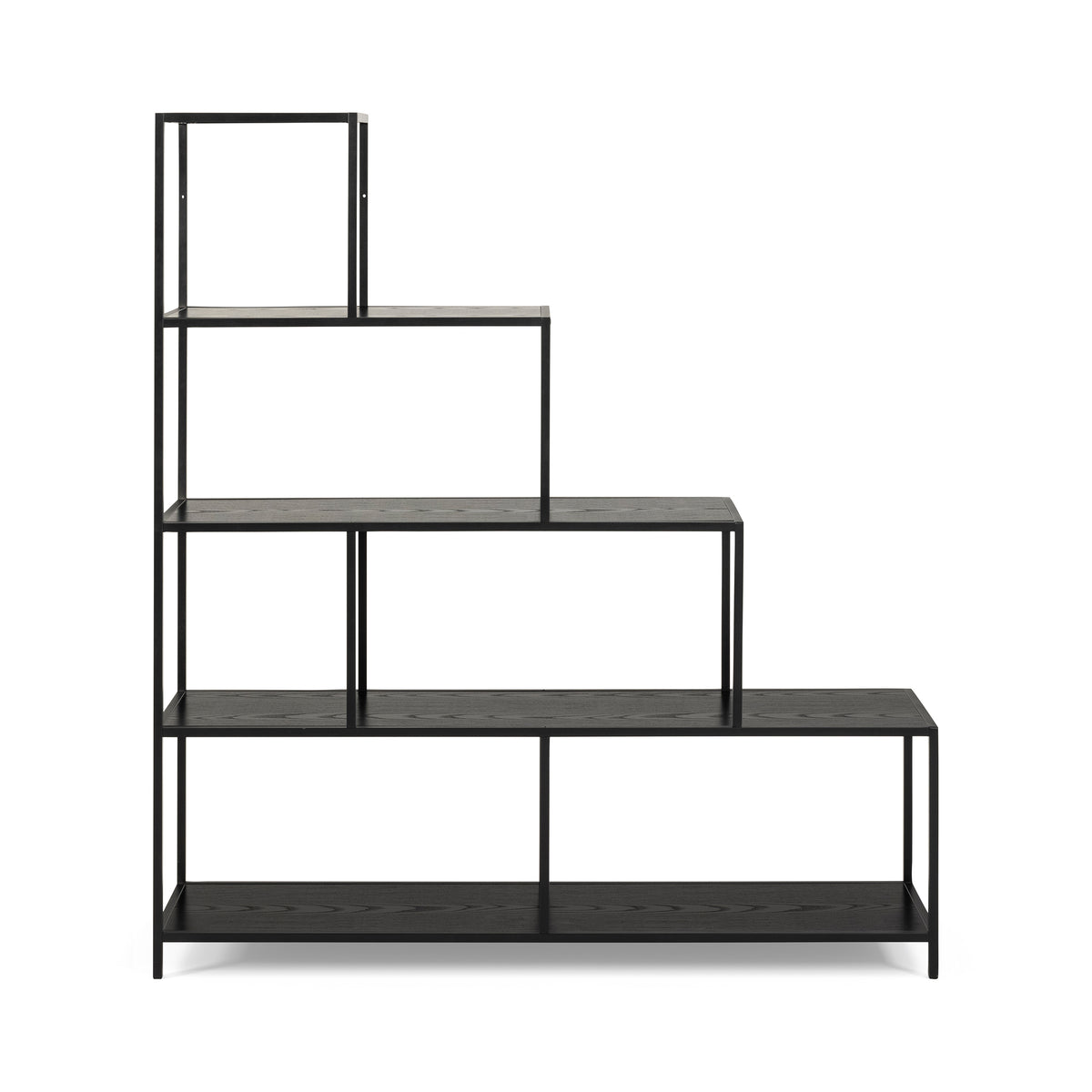Étagère Skeleto 135 x 150, mélamine noire, vue de face – étagères couleur frêne noir, étagère servant de cloison