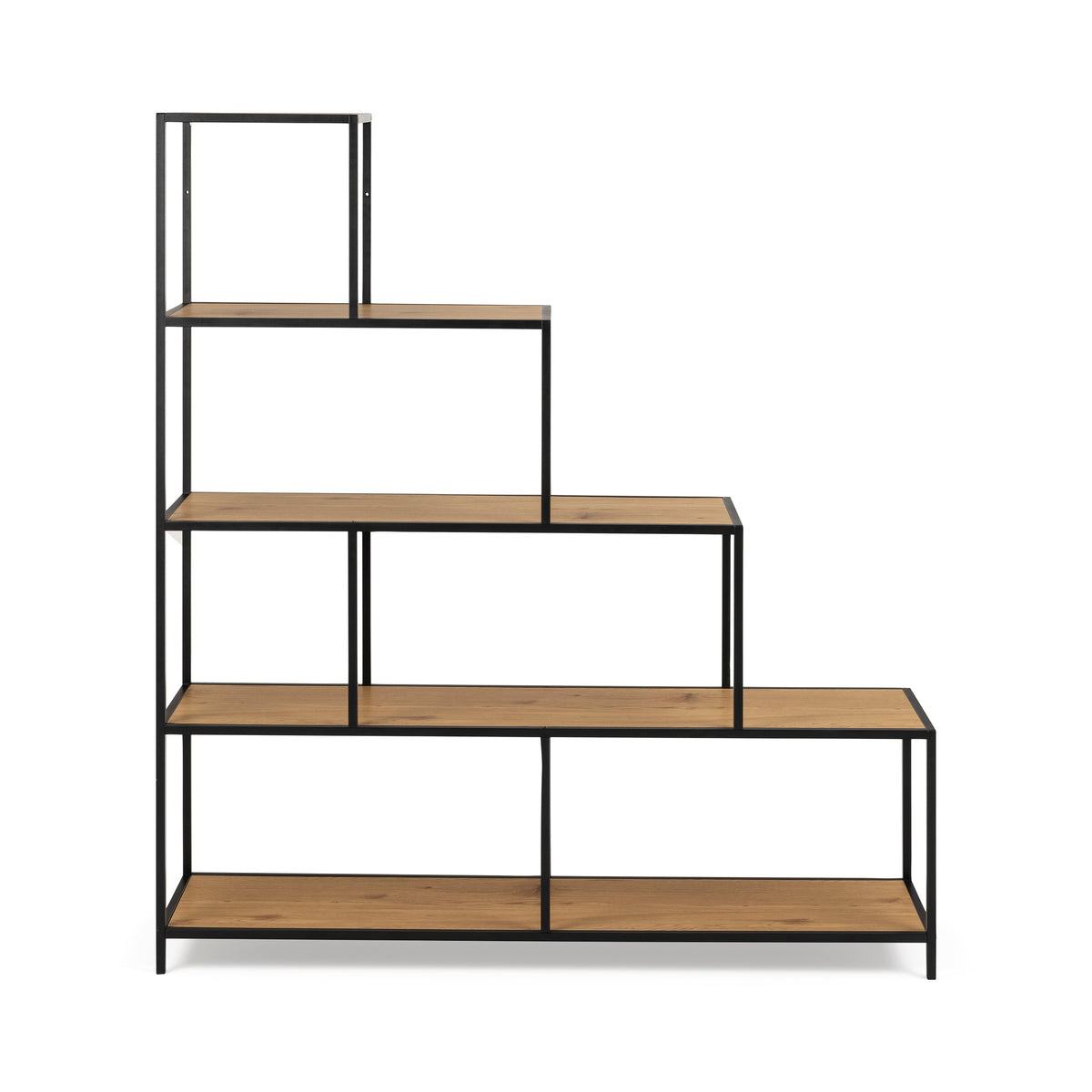 Étagère Skeleto 135x150 Chêne Sauvage, vue de face – quatre niveaux en forme d'escalier et six niches ouvertes