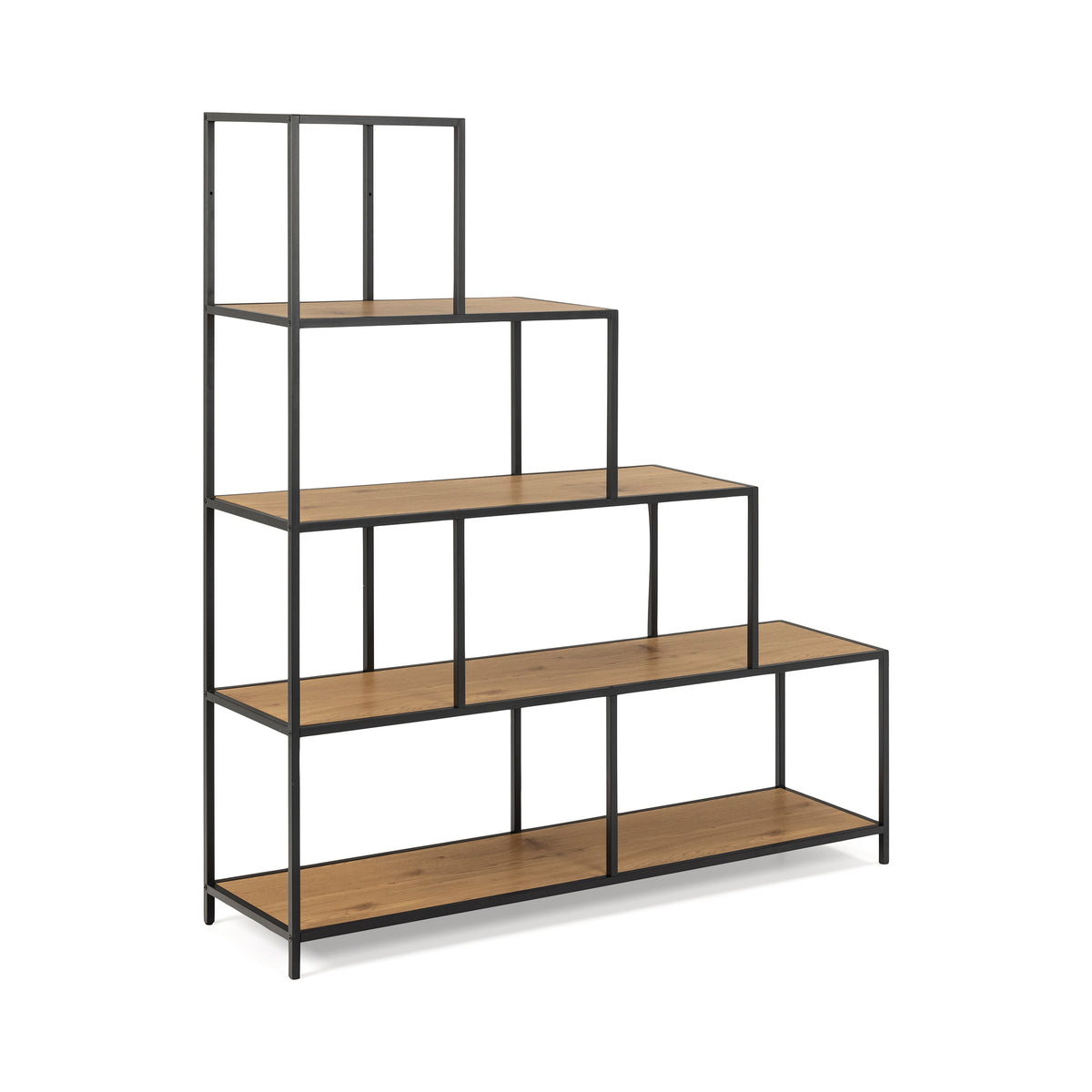 Étagère Skeleto 135x150 Chêne Sauvage, vue en angle – étagère en escalier avec étagères imitation chêne sur cadre noir