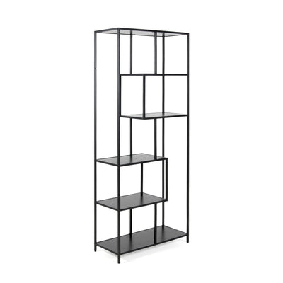 Étagère Skeleto 77 x 185, mélamine noire, vue de profil – grande étagère noire avec des étagères asymétriques