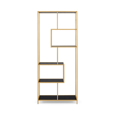 Étagère Skeleto 77 x 185, mélamine noire (structure dorée), vue de face – structure en acier doré et étagères décalées