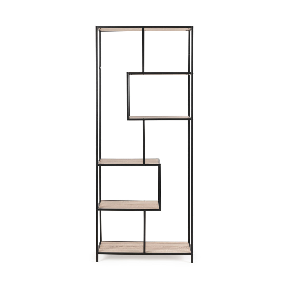 Étagère Skeleto 77 x 185, chêne Sonoma, vue de face – niches asymétriques et compartiments ouverts de style loft