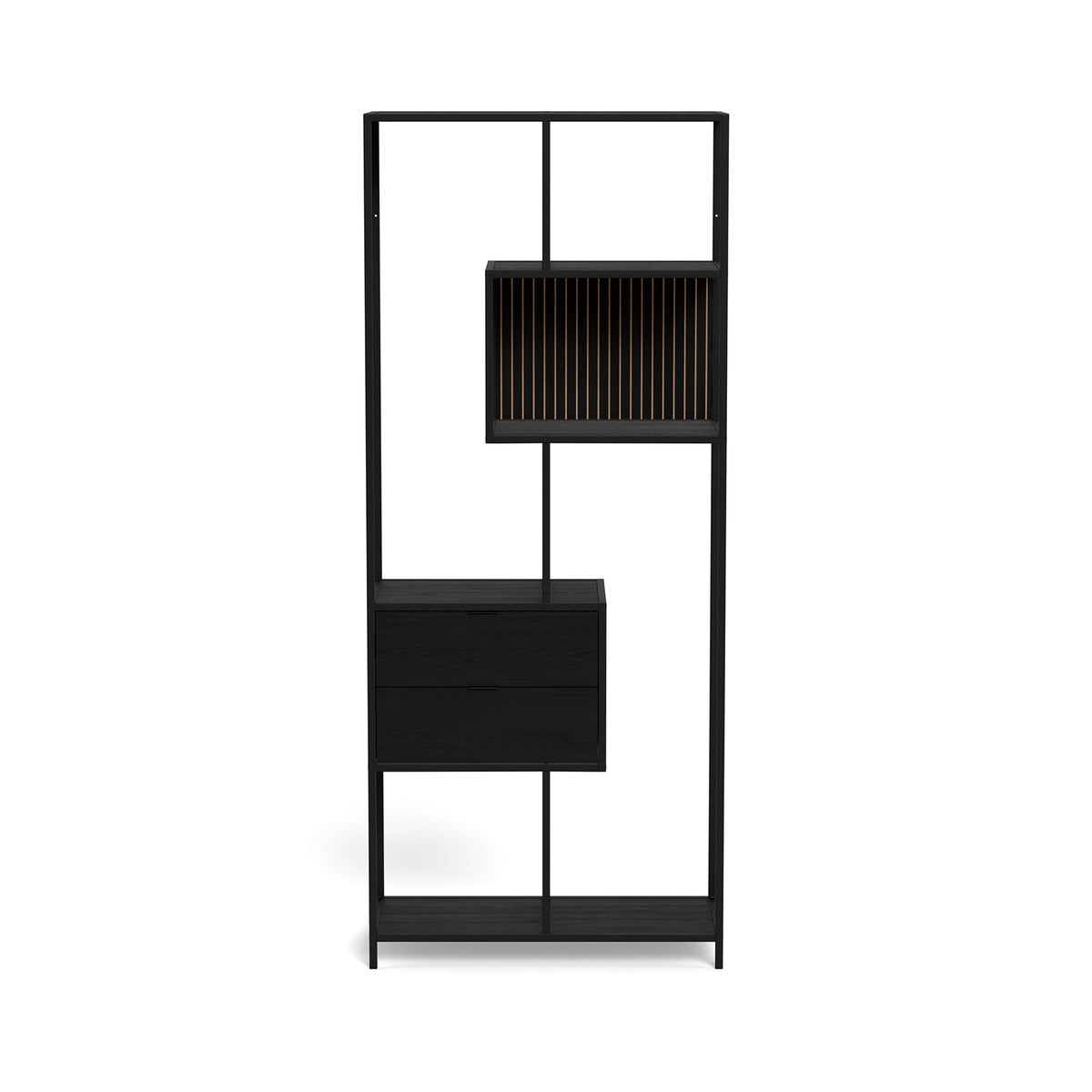 Étagère Skeleto 77 x 185, mélamine noire – vue de face, étagère noire avec tiroirs, style loft