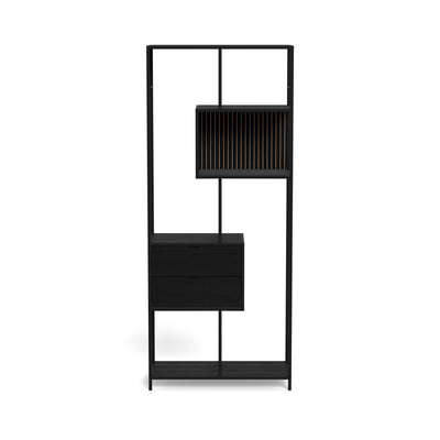 Étagère Skeleto 77 x 185, mélamine noire – vue de face, étagère noire avec tiroirs, style loft