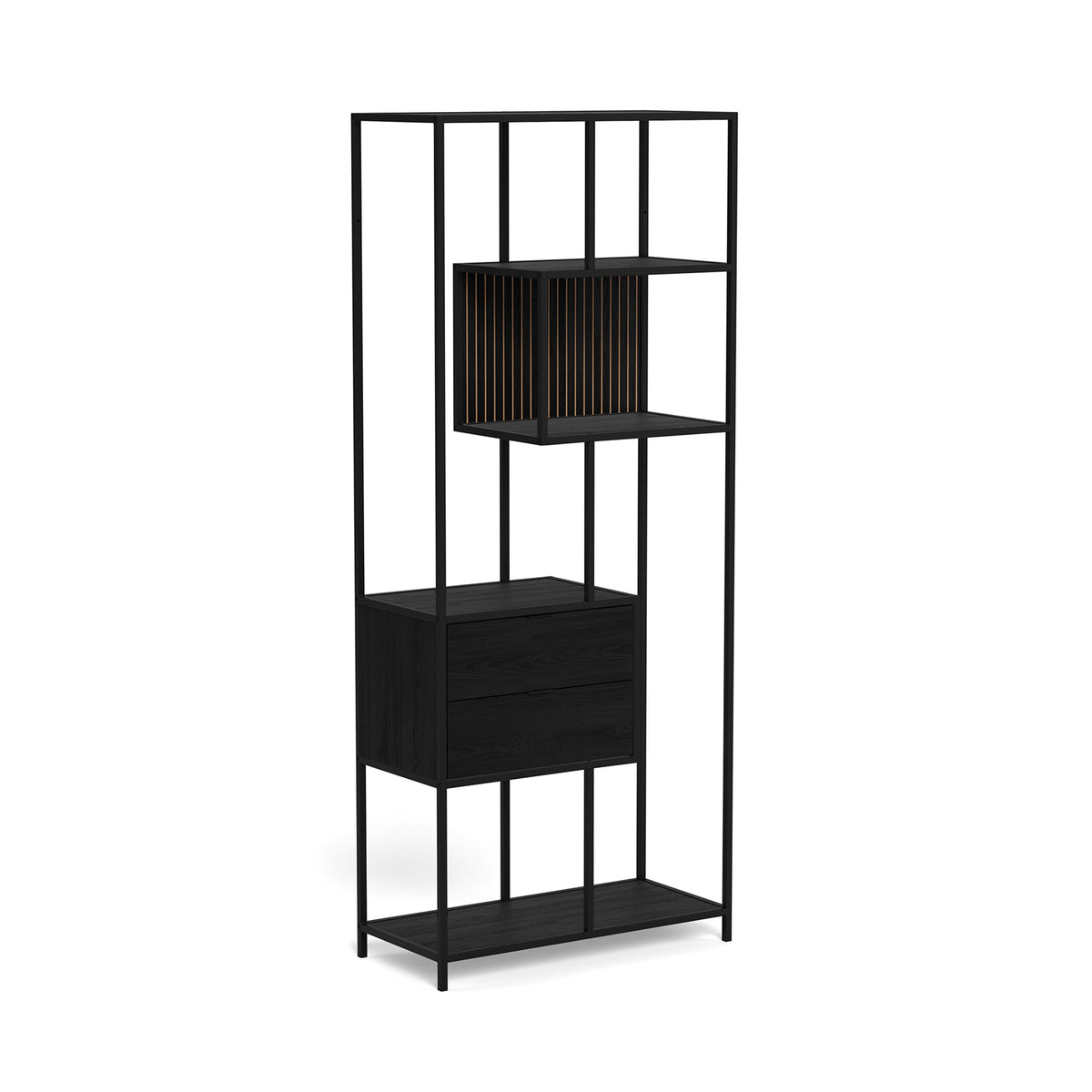 Étagère Skeleto 77 x 185, mélaminé noir – vue de profil, compartiment avec lattes et deux tiroirs noirs