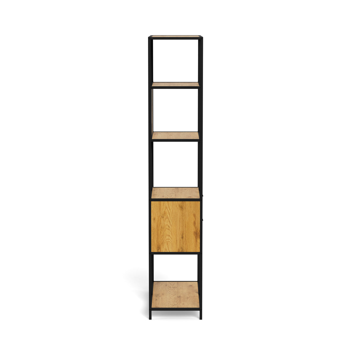 Étagère Skeleto 77 x 185 « Chêne sauvage » – vue de profil des étagères au décor chêne et du cadre en acier