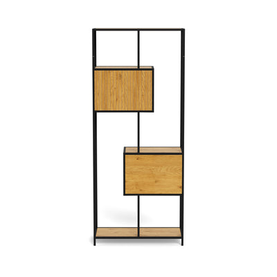 Étagère Skeleto 77 x 185, chêne sauvage – vue arrière sur les panneaux de la niche et du module à tiroirs