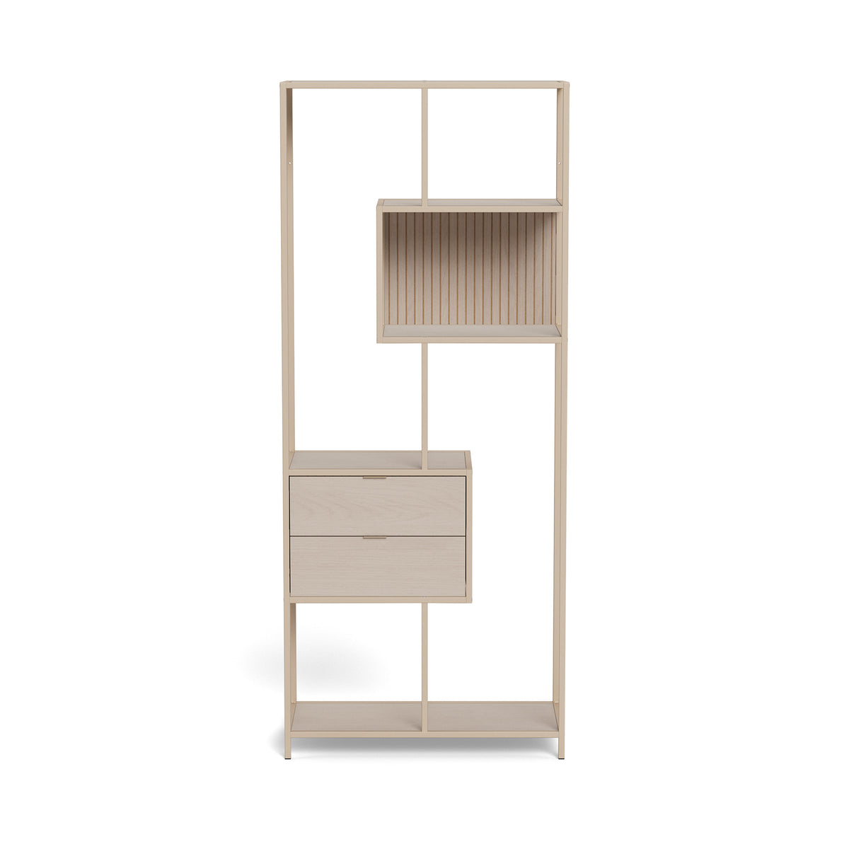 Étagère Skeleto 77 x 185, mélaminé gris – vue de face sur les étagères ouvertes et le module à tiroirs