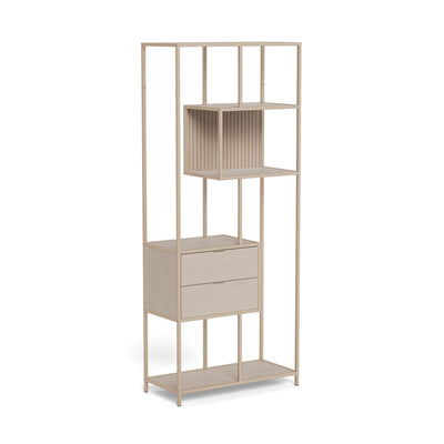 Étagère Skeleto 77 x 185, mélaminé gris – vue de profil sur le cadre clair, le compartiment et les deux tiroirs