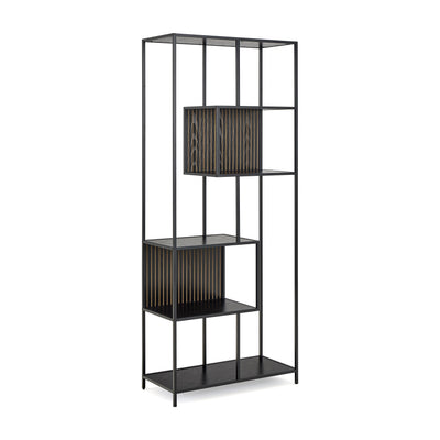 Étagère Skeleto 77 x 185, mélamine noire – vue de profil sur le cadre en acier et les deux compartiments asymétriques, étagère à livres