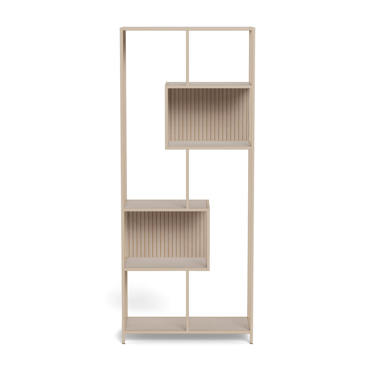 Étagère Skeleto 77 x 185, mélamine grise – vue de face sur les étagères ouvertes et les niches asymétriques