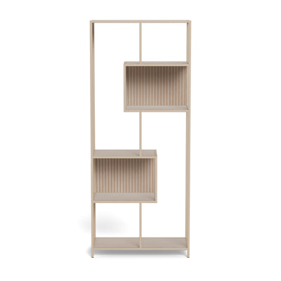 Étagère Skeleto 77 x 185, mélamine grise – vue de face sur les étagères ouvertes et les niches asymétriques
