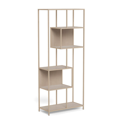 Étagère Skeleto 77 x 185, mélamine grise – vue de profil, étagère claire avec un cadre en acier et deux compartiments