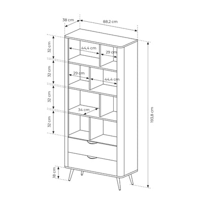 Regał Velia 88x194 z otwartymi półkami i szufladami w stylu soft loft – rysunek z wymiarami