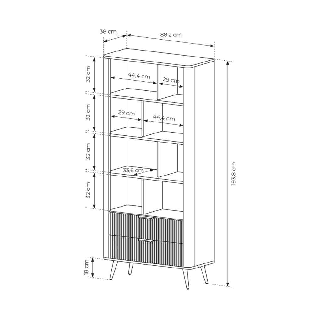 Regał Laanti 88x194 z półkami w stylu eleganckim – rysunek z wymiarami