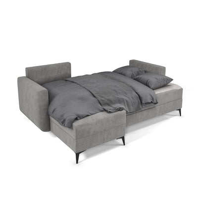 Canapé d'angle Forra Gris Acier (MANILA 16) déplié – surface de couchage 200 × 130 cm avec literie, mécanisme DL