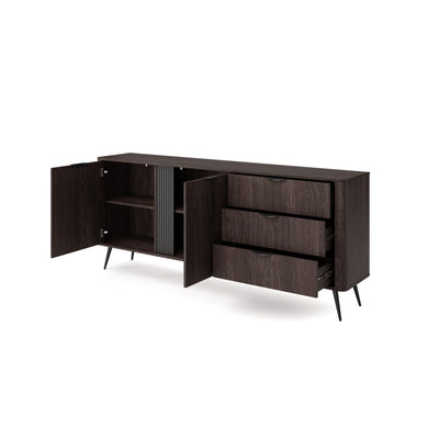 Velia Wide Sideboard 195x81 with Cabinets and Drawers, Soft Loft Style – with doors open