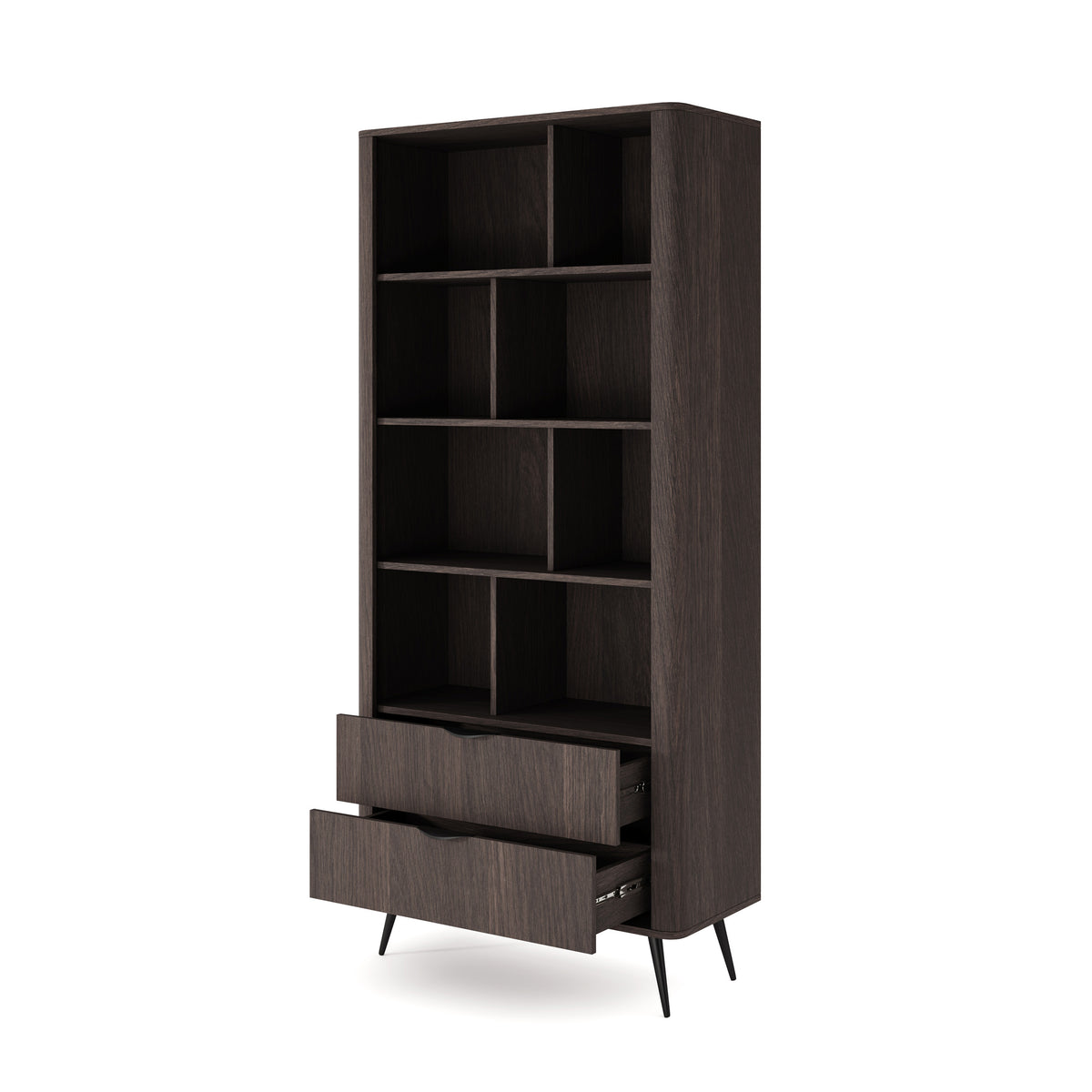 Regał Velia 88x194 z otwartymi półkami i szufladami w stylu soft loft – z otwartymi frontami