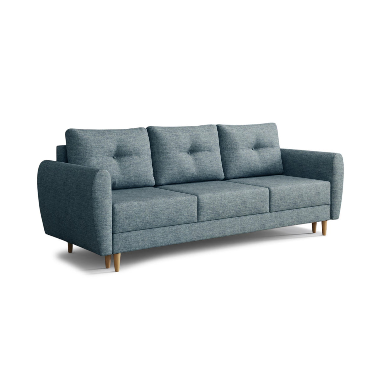 Canapé Harmi 235 cm Rocher Bleu Marine (SAWANA 33) – canapé trois places avec coffre de rangement pour la literie, sur pieds en hêtre