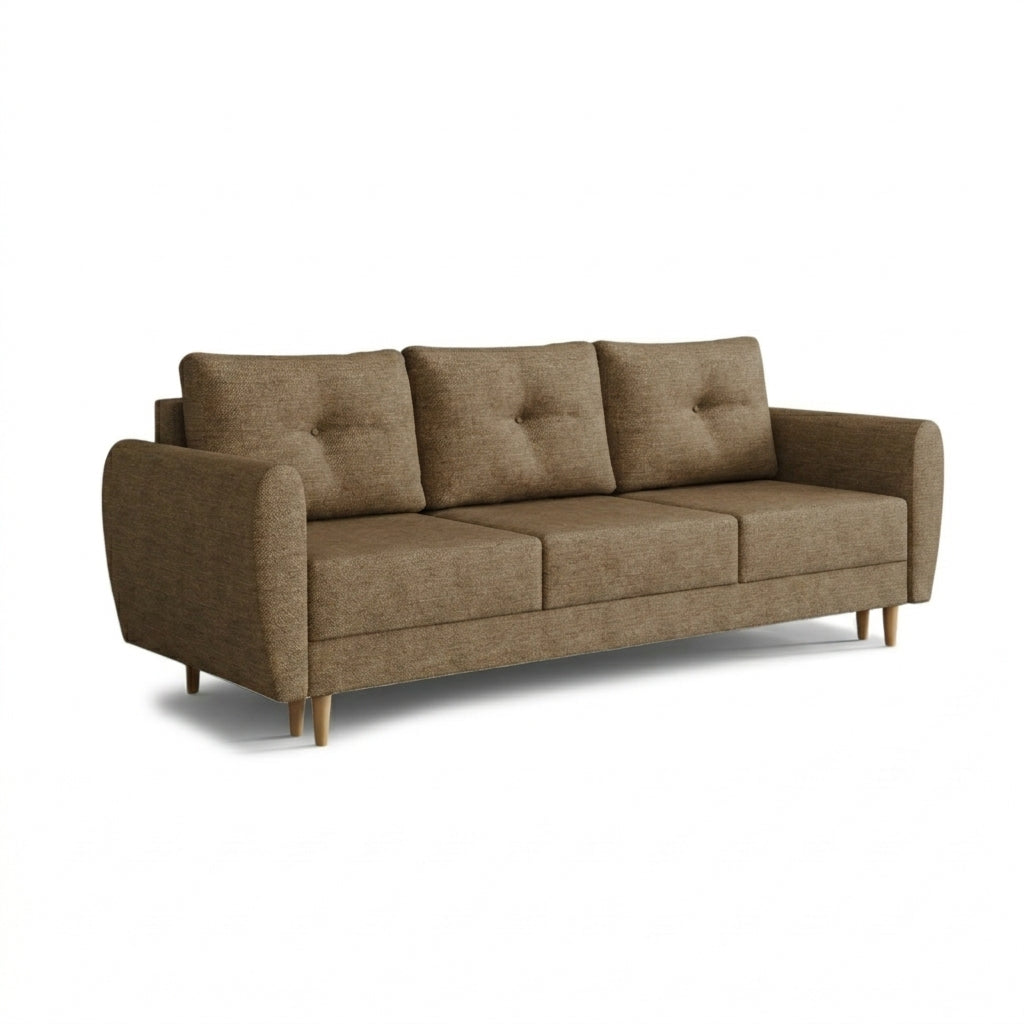 Canapé Harmi 235 cm Schiste Café (SAWANA 03) – canapé trois places avec coffre de rangement pour la literie, sur pieds en hêtre