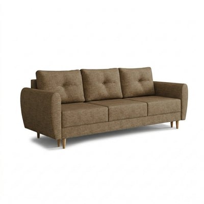 Canapé Harmi 235 cm Schiste Café (SAWANA 03) – canapé trois places avec coffre de rangement pour la literie, sur pieds en hêtre